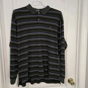 Mens Ralph Lauren Polo XL Black Gray Blue Long Sleeve Striped Polo Shirt